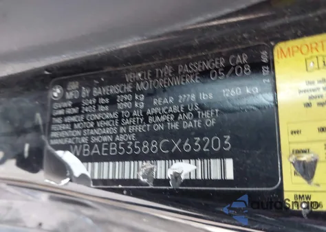 2008 BMW 650I from USA, damaged, VIN WBAEB53588CX63203